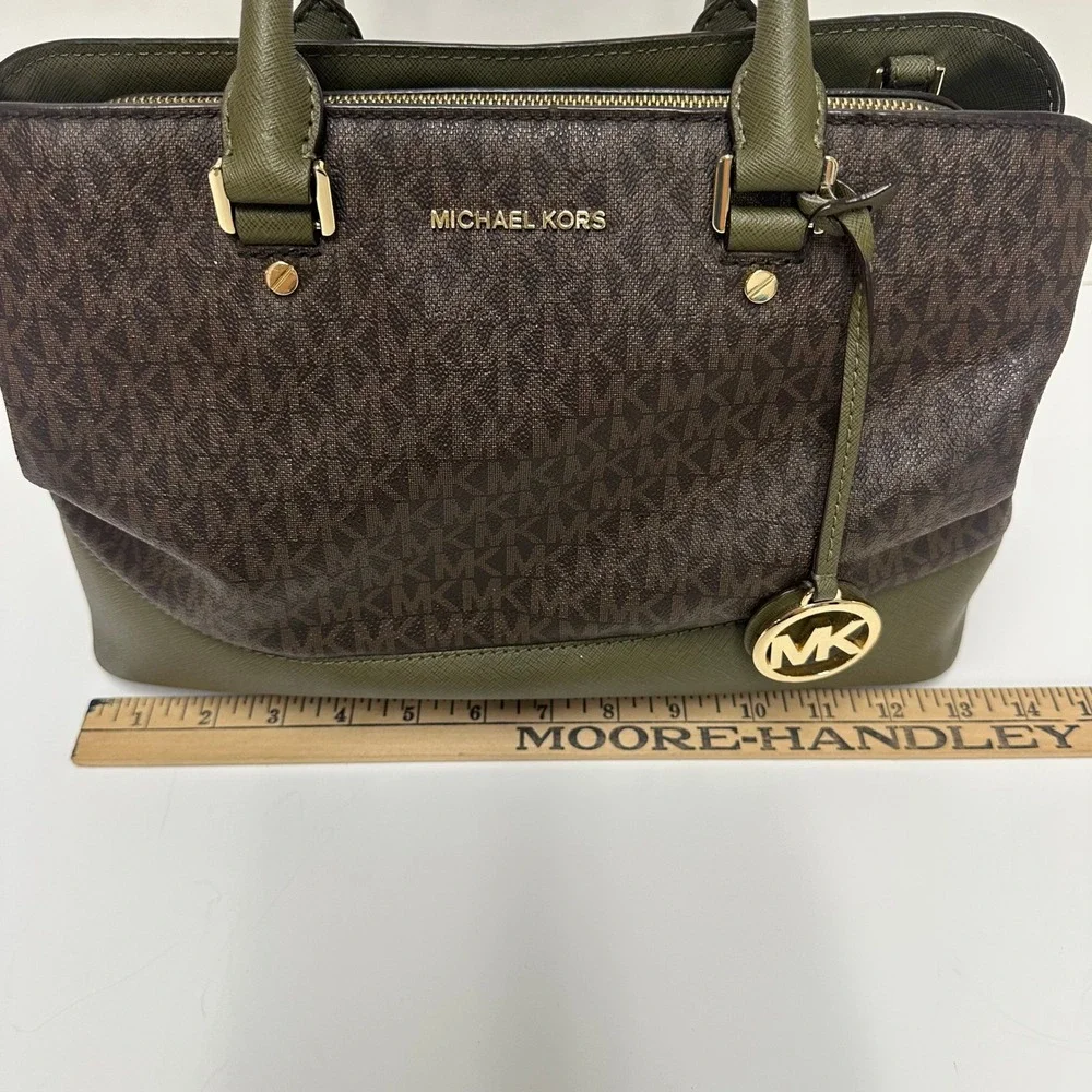 Michael Kors Signature Logo Satchel Brown Olive Green Two Tone Handbag Gold HW